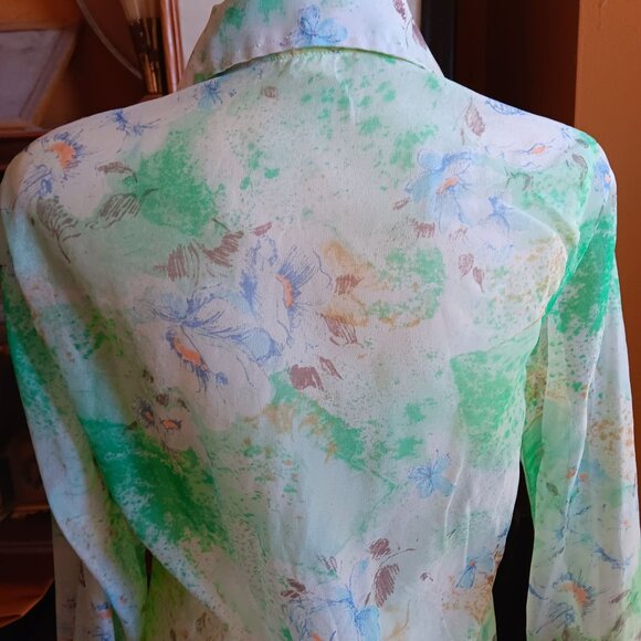 Vintage 70's Medium Sheer Floral Button-Down Blouse Long Sleeve Retro Pykettes - Picture 9 of 10